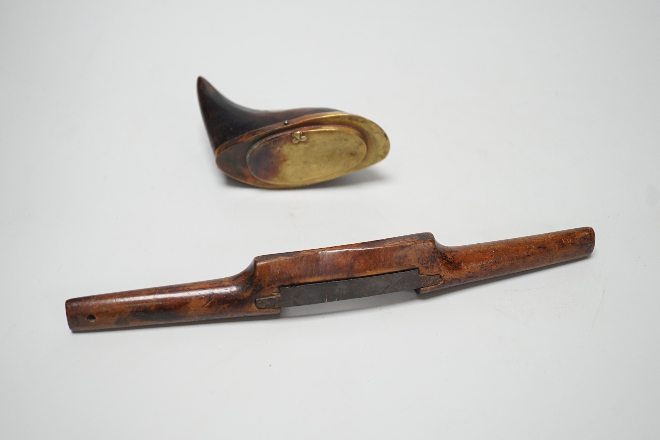 A brass mounted horn snuff box and a small spokeshave. 25cm long